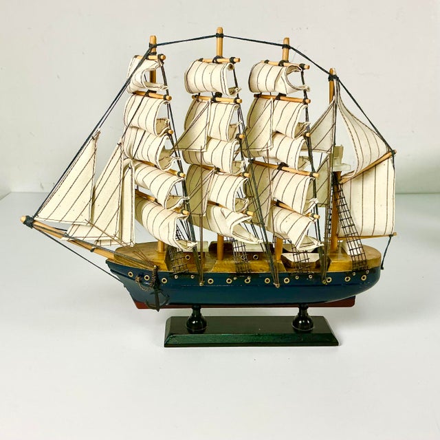 Mid-Century Nautical Coastal Boho Chic Wood Four Tall Mast Ship Model For Sale - Image 15 of 16