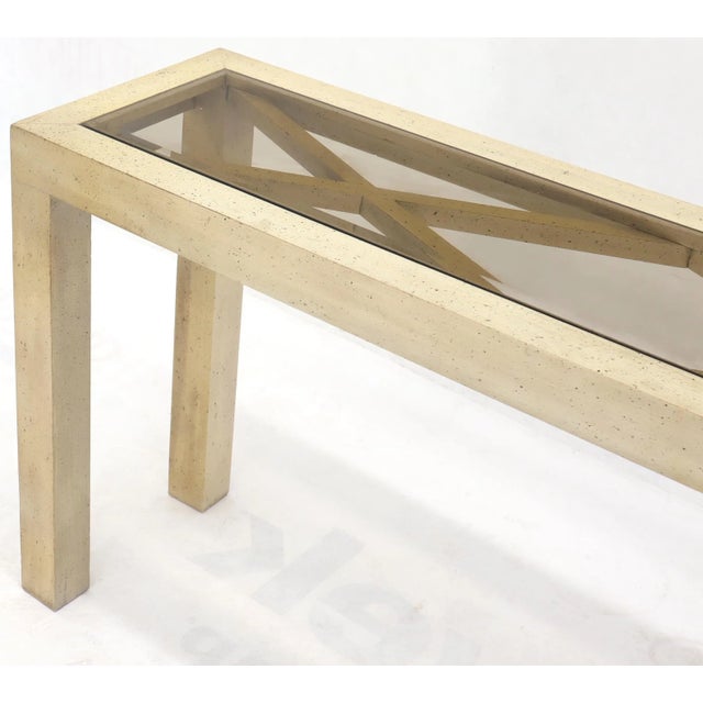 Pickled White Wash Finish Parsons Style Console Table with Glass Top For Sale - Image 6 of 11
