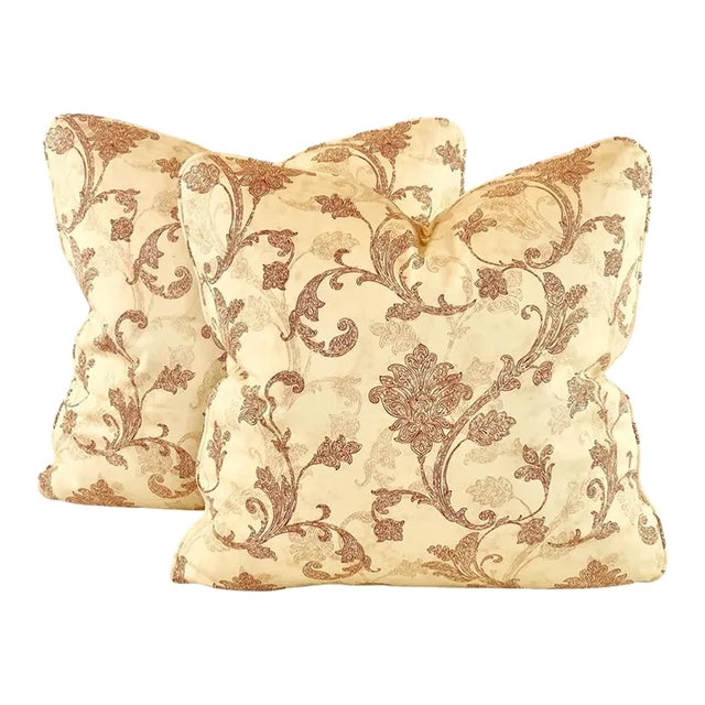 Designer P Kaufmann Waverly Red & Cream Jacobean Leaf Paisley Scroll Pillow Covers- Pair For Sale
