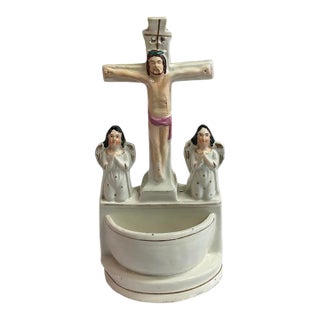 Late 19th Century Staffordshire Holy Water Font With Jesus on Cross and 2 Angels For Sale