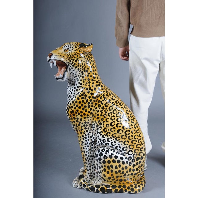 Large Italian Ceramic Cheetah, 1970s Hollywood Regency A stunning large hand-painted ceramic animal sculpture of a seated...