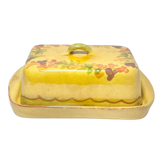 Terre E Provence Yellow & Green Earthenware Rectangle Butter Dish For Sale