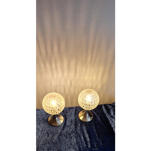 1970s Vintage Bedside Lamps with Gold-Colored Plastic Base and Round Tinted, Patterned Glass Shade, 1970s, Set of 2 For Sale - Image 5 of 7
