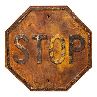 Vintage American Embossed Yellow & Black Steel Stop Road Sign, 24-Inch For Sale