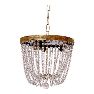 1950s Italian Brass Rim Beaded Basket Chandelier For Sale
