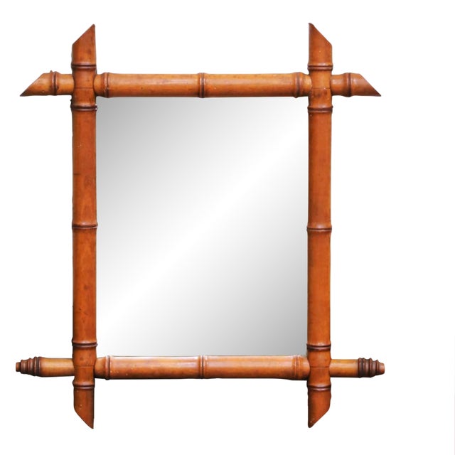 Early 20th Century French Faux Bamboo Walnut Wall Mirror With Finials For Sale