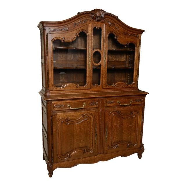 French Oak Buffet Base With Glass Door Cabinet Above For Sale