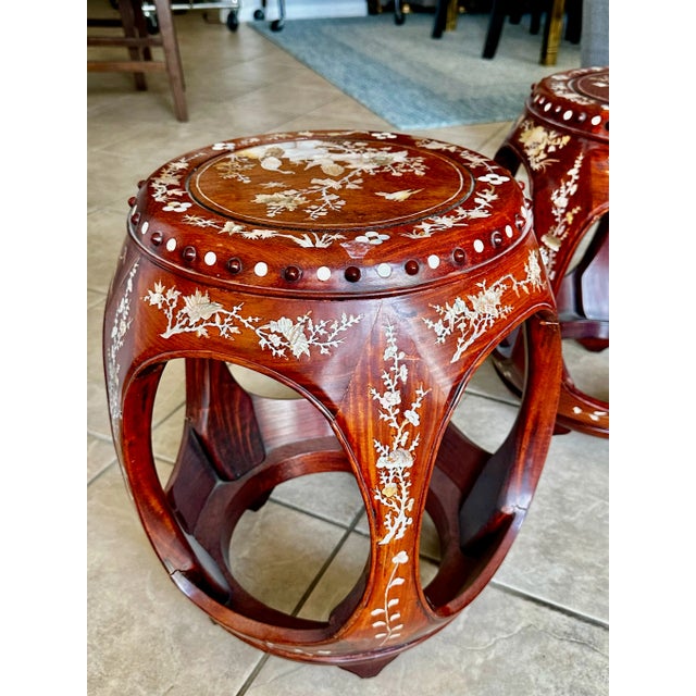 Pair Chinese Rosewood Mother Pearl Inlaid Garden Seat Stools For Sale In Palm Springs - Image 6 of 12
