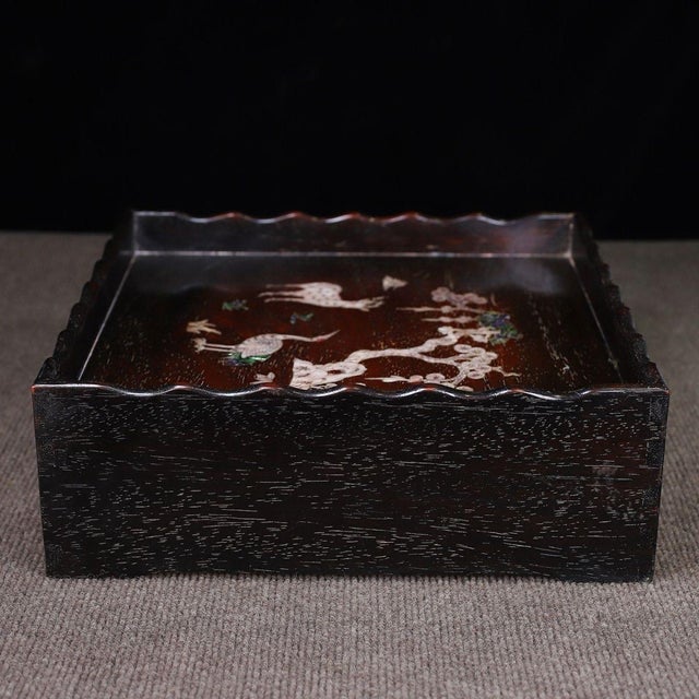 Brown Vintage Rosewood Square Tray With Drawers & Mother-of-Pearl Deer & Crane Inlay For Sale - Image 8 of 10