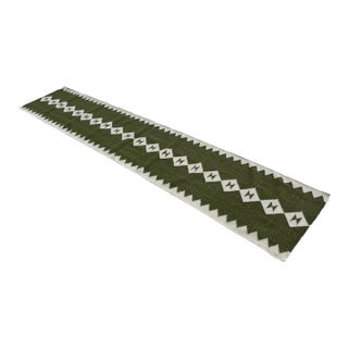Handmade New Zealand Wool Dhurrie Runner, Olive Green and Cream Geometric Runner Rug- 2'x9' For Sale