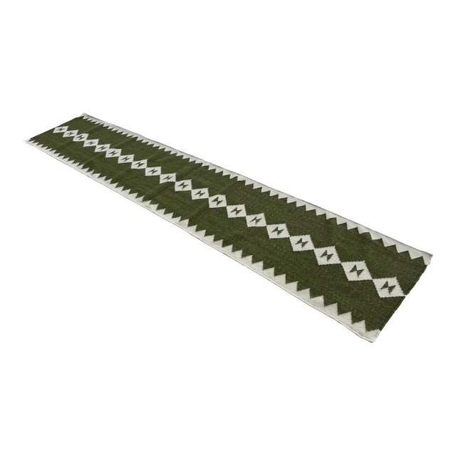 Handmade New Zealand Wool Dhurrie Runner, Olive Green and Cream Geometric Runner Rug- 2'x9' For Sale
