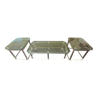 Vintage 1970s Set of 3 Charles Hollis Jones Style Lucite, Brass, and Glass Occasional Tables For Sale