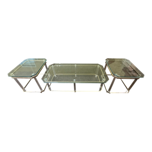 Vintage 1970s Set of 3 Charles Hollis Jones Style Lucite, Brass, and Glass Occasional Tables