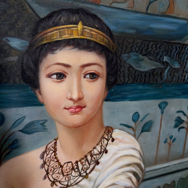 Baroque 1960s Grand Scale Orientalist Seated Egyptian Woman Painting in Ornate Baroque Gilt Frame For Sale - Image 3 of 12
