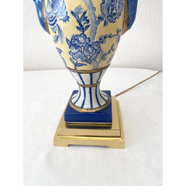Exquisite Blue, Yellow, & White Floral & Striped Porcelain/Ceramic Urn/Vase Style With Brass Base and Upper Lamp Excellent Condition For Sale In Denver - Image 6 of 14