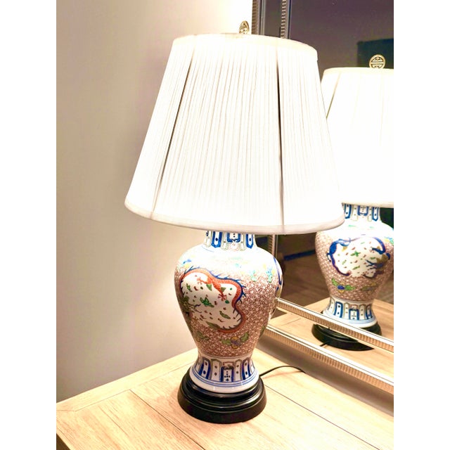 Wood Vintage Chinoiserie Asian Porcelain Dragon Table Lamp With Pleated Shade – 28” For Sale - Image 7 of 7
