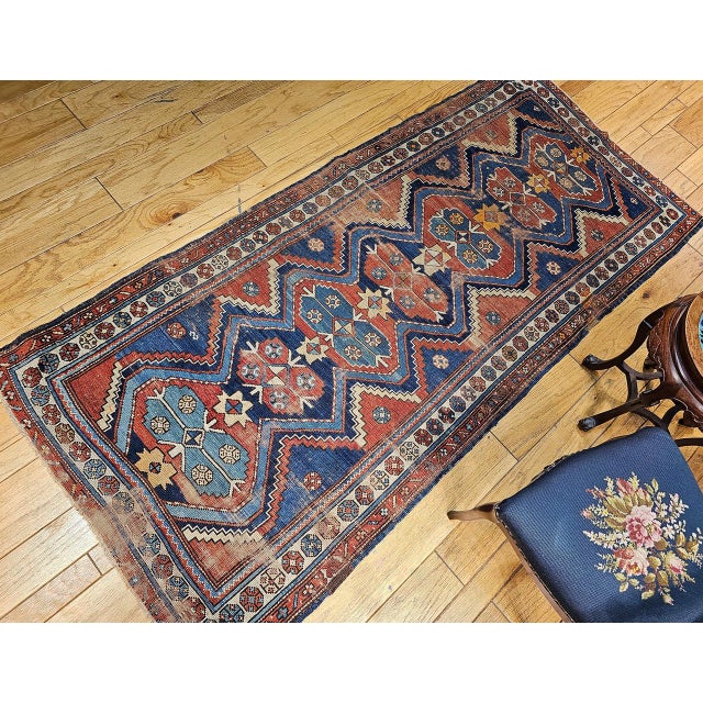 1900 - 1909 Vintage Persian Kurdish Tribal Rug, Hand-Knotted Wool, Geometric Pattern, Blue & Rust-Red, 4x8 For Sale - Image 5 of 14