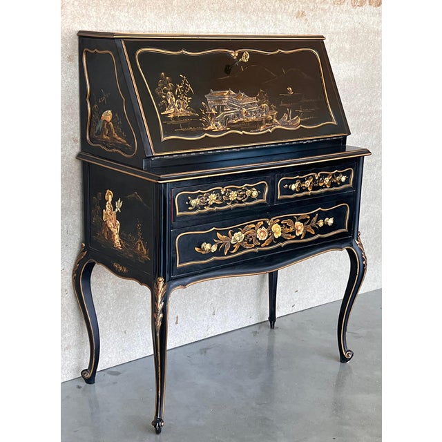 Chippendale Style Slant Top Desk in Black Lacquered Wood, circa 1900 For Sale - Image 18 of 18