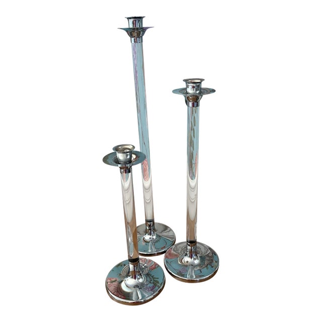 Midcentury Modern Lucite Silver Candlestick Set of 3 For Sale