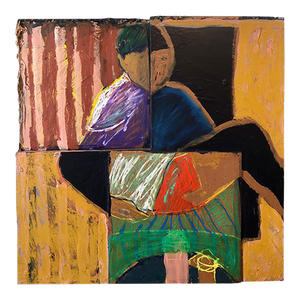 Francie Bishop Good, Shes Watching Mixed Media Painting Collage Wall Construction FIgural Abstraction, 1991