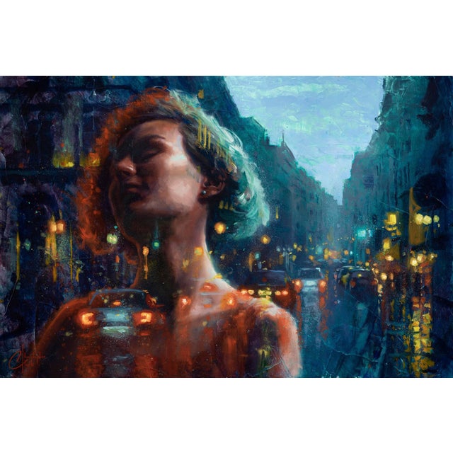Dreaming of the City 2 by Christopher Clark | Oil on Wood Panel Woman in a city street at night. For Sale