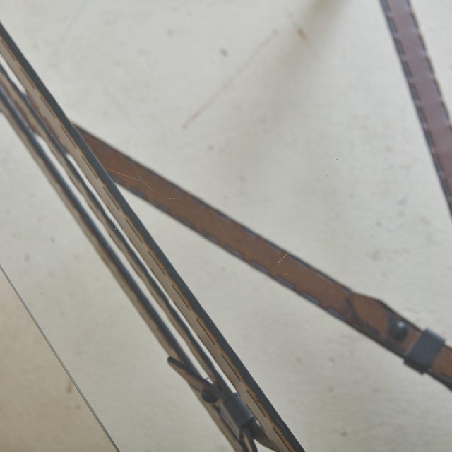 Mid 20th Century Iron + Leatherette Coffee Table with Glass Top in the Style of Jacques Adnet For Sale - Image 5 of 11
