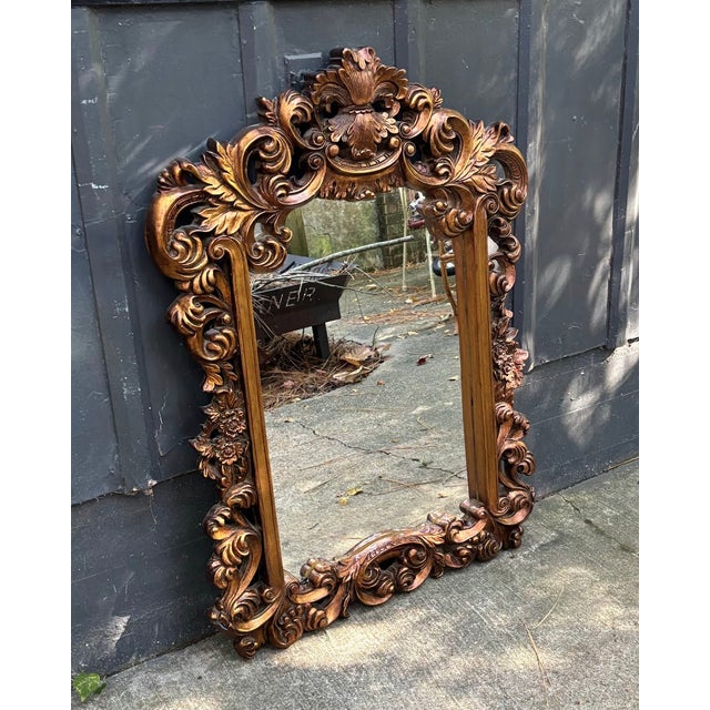 Hollywood Regency 1950s-60s Large Giltwood Ornate Wall Mirror For Sale - Image 3 of 4