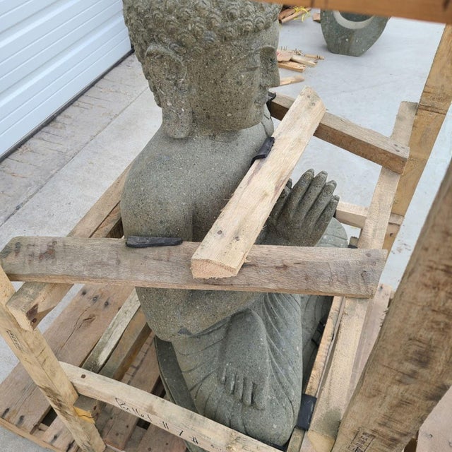 Green Hand-Carved Lava Stone Buddha Garden Statue For Sale - Image 8 of 8