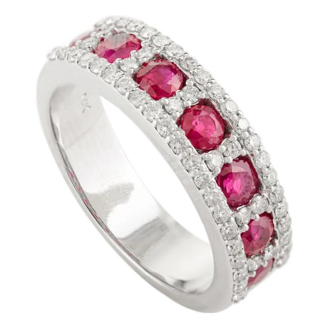 14k White Gold Chunky Ruby and Diamond Band Ring Size 8 For Sale