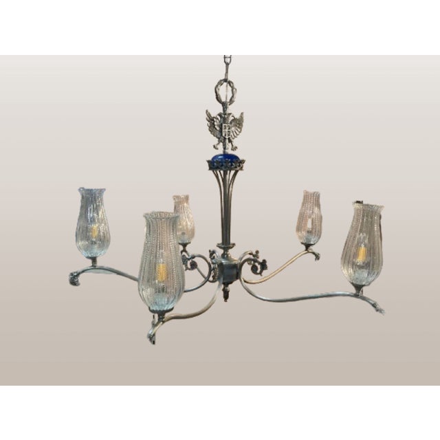 Neoclassical Five-Light Glass and Chromed Steel Chandelier attributed to Kaiser Leuchten for Kaiser Idell / Kaiser Leuchten, 1950s For Sale - Image 4 of 9