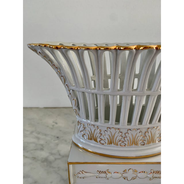 Ceramic Neoclassical Regency Reticulated Gold Gilt Porcelain Basket Compotes With Lion Paw Feet, Pair For Sale - Image 7 of 12