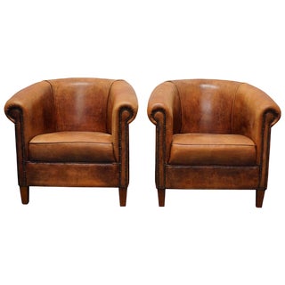 Vintage Dutch Cognac Leather Club Chairs, Set of 2 For Sale