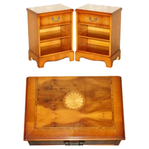 Vintage Sheraton Revival Burr Walnut and Yew Wood Tables, Set of 2