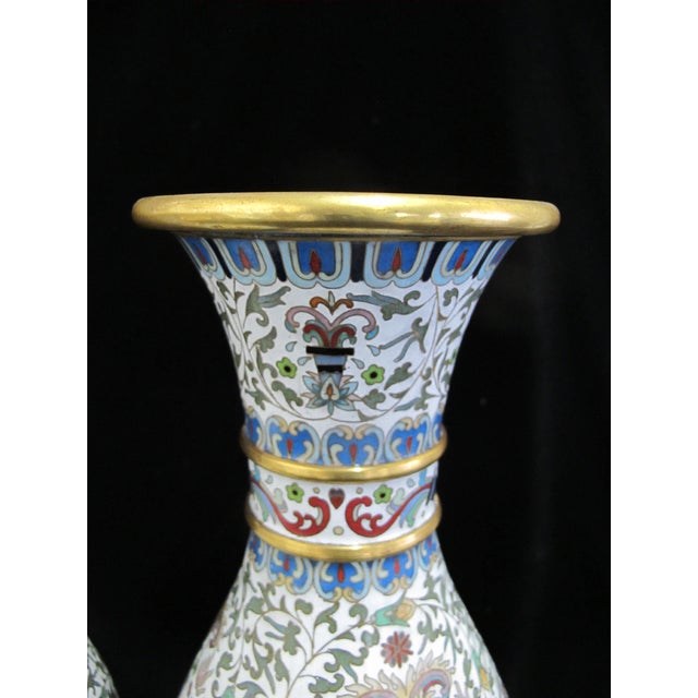 Large Chinese White Enamel Cloisonne Colorful Flower Vase Pair For Sale - Image 9 of 14