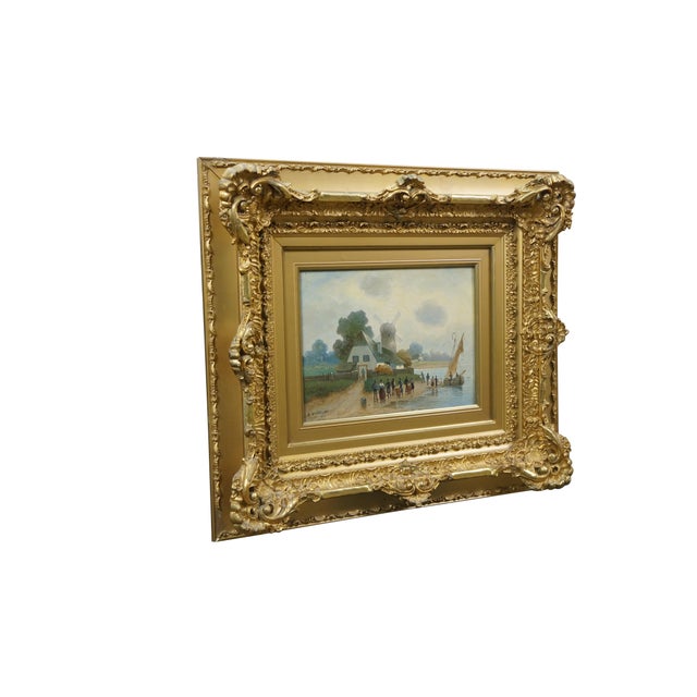 Rustic European Antique Dutch O Nyvelt Fishing Boat Windmill Landscape Oil Painting on Board For Sale - Image 3 of 14