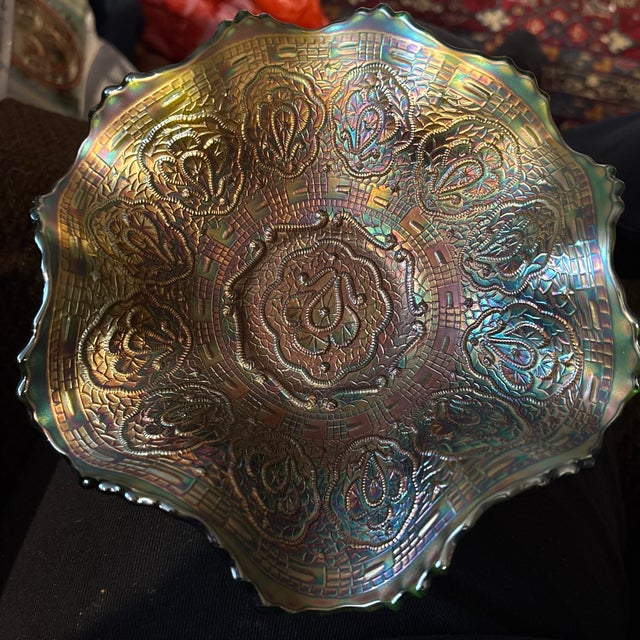 Antique Fenton Carnival Emerald Glass Bowl circa 1911-1924.