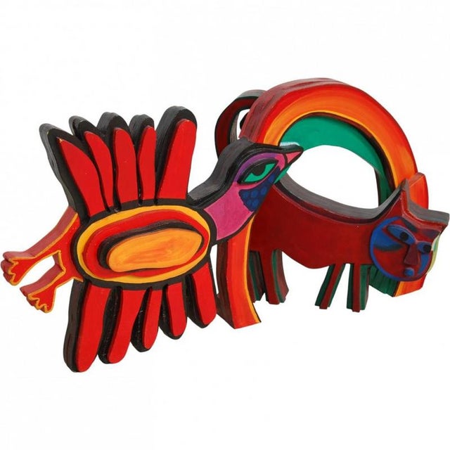 Corneille, Rainbow with cat reversible wooden sculpture. Signed Corneille, Rainbow: Height: 55 Cm Width:100 Cm. Cat:...