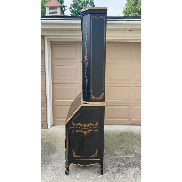 Late 20th Century Chinoiserie Black Lacquered Drop Front Secretary Desk With Bookcase Hutch For Sale - Image 11 of 11