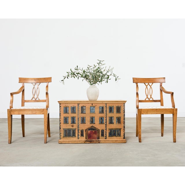 Charming grand country English folk art blanket chest or trunk crafted from pine. The chest features a painted Georgian...