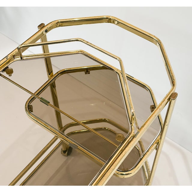 Mid 20th Century Italian Modern Rolling Drinks Cart or Console Trolley of Brass and Smoked Glass For Sale - Image 9 of 14