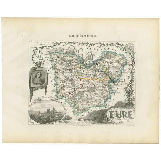 Map of Eure in France with Evreux, Poussin and Normandy Countryside, 19th Century For Sale - Image 10 of 10