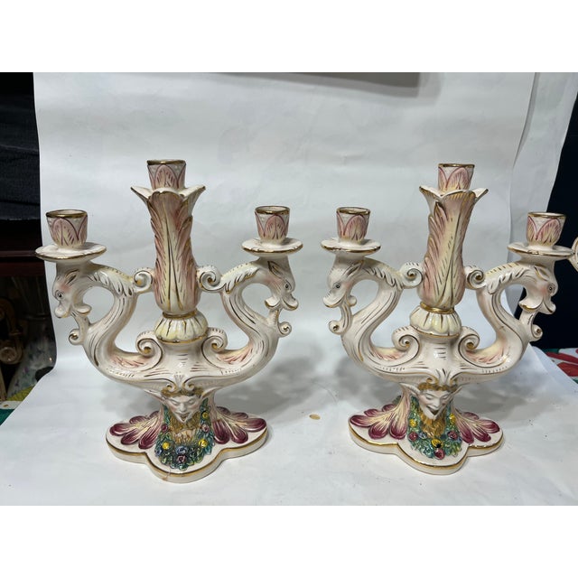 Mid 20th Century Vintage Italian Capodimonte Centerpiece Bowl With Handles and Pair of Candleholders- 3 Pieces For Sale - Image 5 of 12