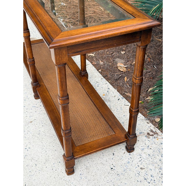 1970s Walnut Two Tier Glass Top Console Table With Faux Caning Shelf For Sale In Savannah - Image 6 of 12
