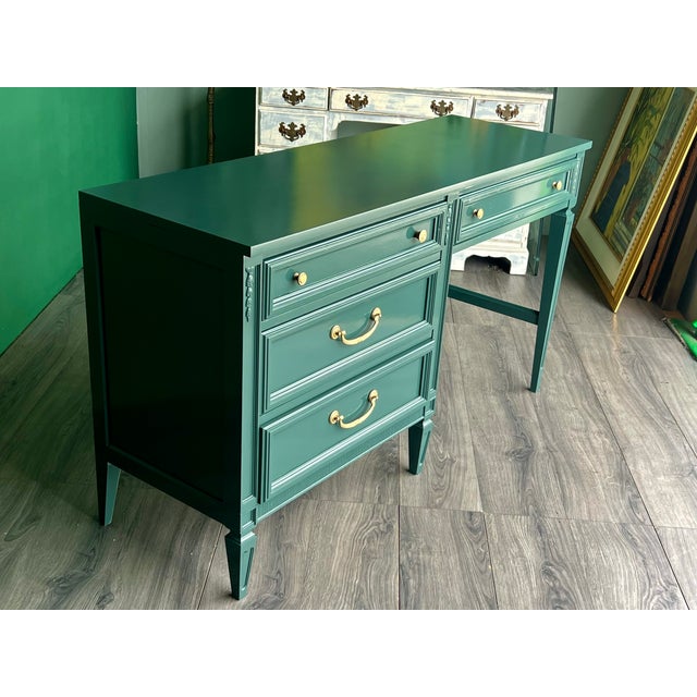 Mid-Century Forrest Green High Gloss Lacquered Desk of Four Drawers For Sale - Image 10 of 11