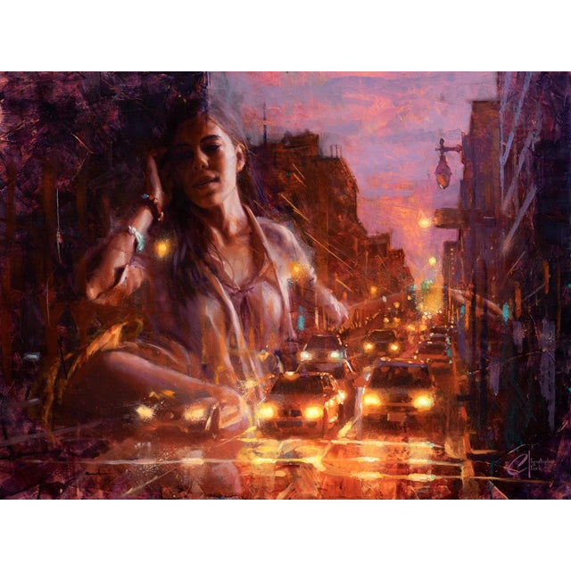 City Life by Christopher Clark | Oil on Wood Panel Night scene of a woman and city traffic. For Sale