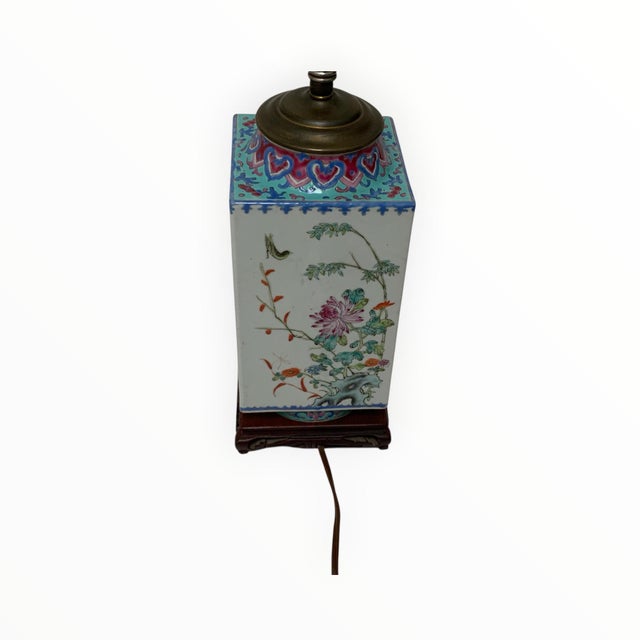 Ceramic Antique Chinese Republic Period Famille Rose Four Seasons Porcelain Lamp Pagoda Shade Celluloid Rose Finial For Sale - Image 7 of 12