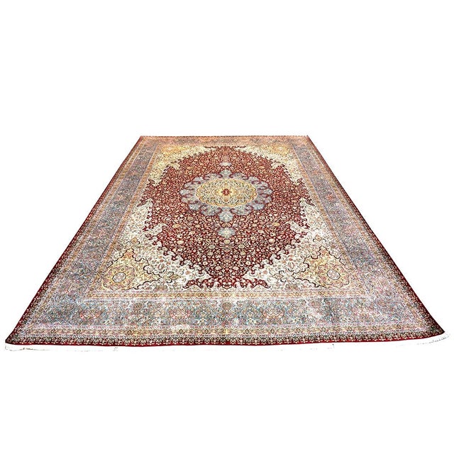 Condition: Vintage Circa: 2000s Origin: Kashmir, India Design: Tabriz Actual size: 9'0" x 12'0" Thickness: 1/4In. Color:...
