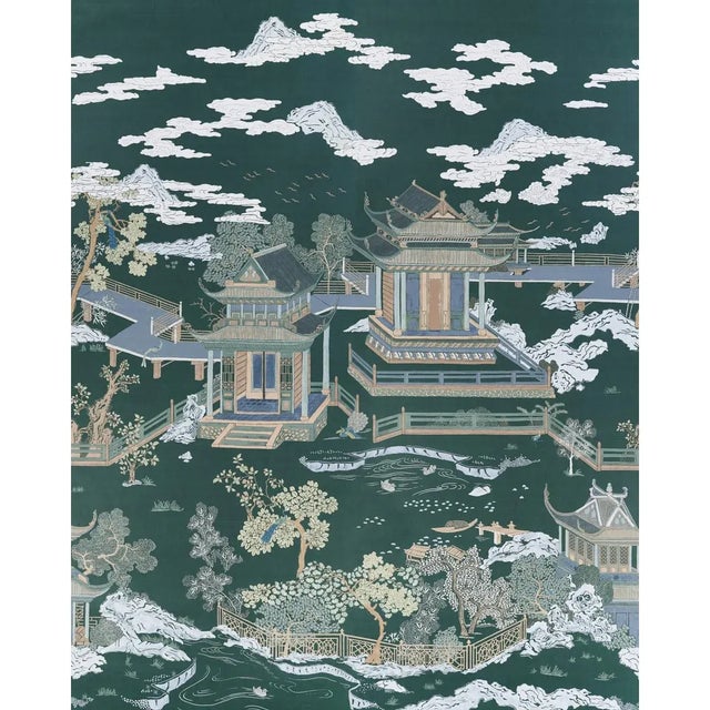 Mysterious lakeside pagodas float in magical gardens beneath heavenly clouds in Coromandel, a wonderfully oversized...