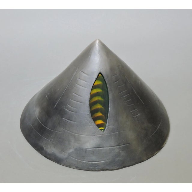 Abstract "Small Cone With Lines" Abstract Raku Ceramic and Holography Mixed-Media Sculpture For Sale - Image 3 of 10