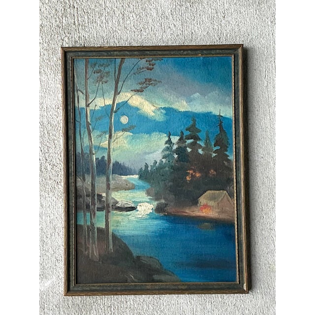 This evocative original landscape painting captures a serene nocturnal scene, masterfully rendered with a pensive,...